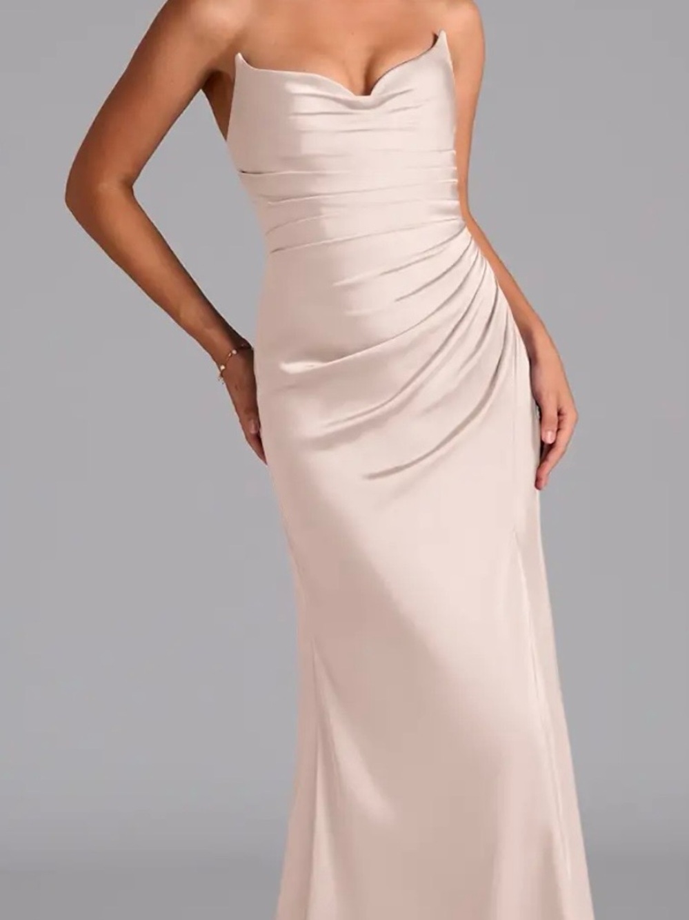 Azazie Strapless Ruched Satin Gown in Blushing Pink “Claudelle”